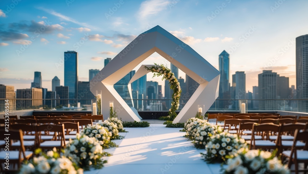 Modern Rooftop Wedding Venue with Geometric Arch and City Skyline Modern Rooftop Wedding Venue with Geometric Arch and City Skyline