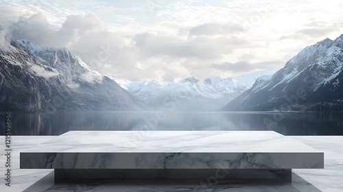 Sleek marble table with a scenic mountain view ideal for product mockup and presentation Generative AI design