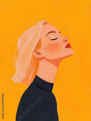 Stylish woman with short blonde hair poses against a vibrant yellow background showcasing confident expression