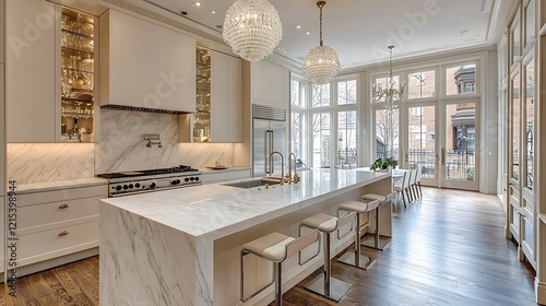 Gilded chandelier sleek white kitchen with marble island and modern applnces in a spacious layout