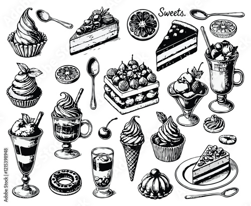 Set of hand drawn desserts and cakes in vintage engraved style. Vector illustration in sketch style, cupcakes, ice cream, cake, pie, macaroon, illustration in sketch style and sweets. Coffee icons set
