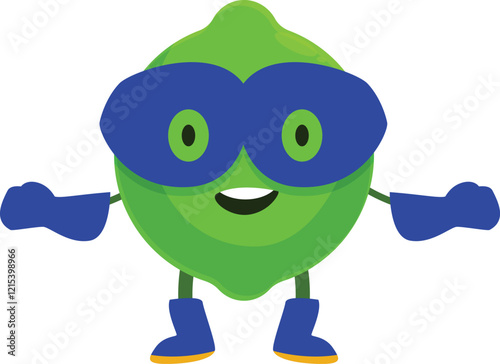 Cartoon lime character wearing superhero mask and boots, promoting healthy eating habits and representing the concept of fruit power