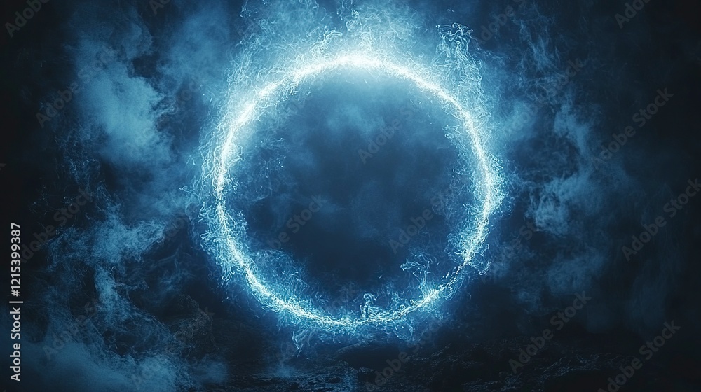 Glowing Blue Circular Energy Within Dark Smoke