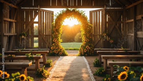 Rustic Barn Entrance with Sunflowers for Romantic Weddings
