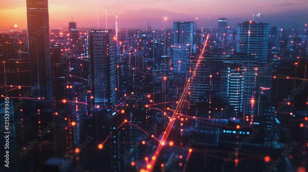 Smart digital Innovation city with connection network reciprocity over the twilight cityscape. of future smart wireless digital city and social media networking systems that connects people with city
Smart digital Innovation city with connection network reciprocity over the twilight cityscape. of future smart wireless digital city and social media networking systems that connects people with city