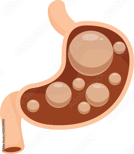 Cartoon illustration of a human stomach with trapped gas bubbles, representing bloating or indigestion