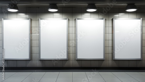 four vertical white blank billboards on the subway wall