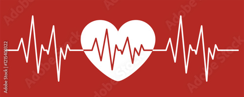 Human heart and the encephalogram. Heart pulse. Red and white colors. Heart rhythm graph. Heartbeat line. Medicine, Healthcare.