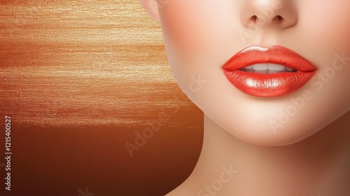 Elegant Lips and Golden Hues - Close-up of a woman's lips with bright orange lipstick, set against a shimmering gold background. photo