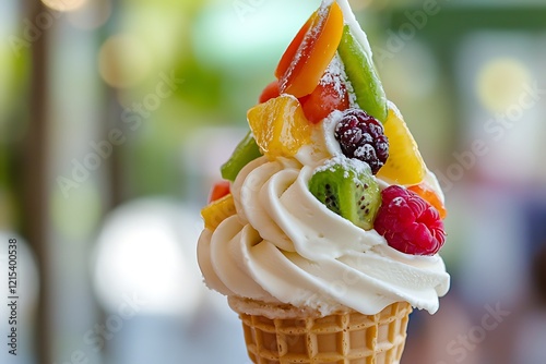 A melting ice cream cone with a delicious topping fruits