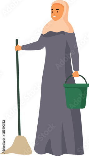 Cleaning lady wearing hijab holding mop and bucket, cleaning service, housekeeping, hygiene and tidiness concept