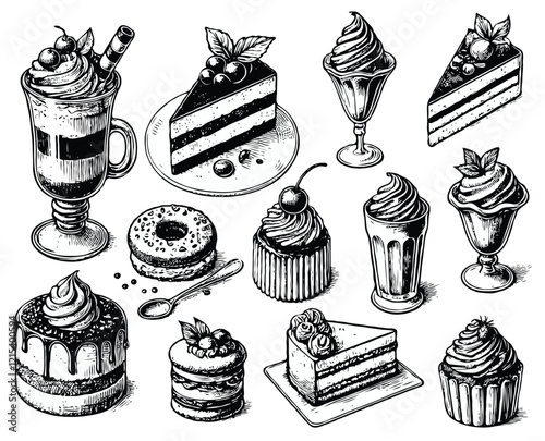 Set of hand drawn desserts and cakes in vintage engraved style. Vector illustration in sketch style, cupcakes, ice cream, cake, pie, macaroon, illustration in sketch style and sweets. Coffee icons set