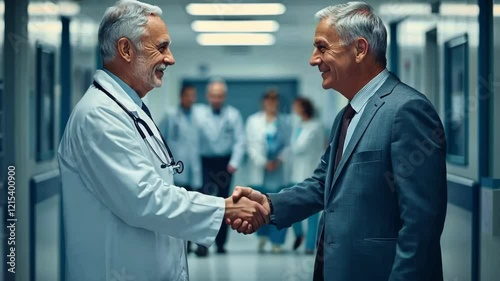 Two health professionals share a warm handshake in a hospital corridor. The atmosphere is positive as they discuss improving patient care. Other staff members are in the background.