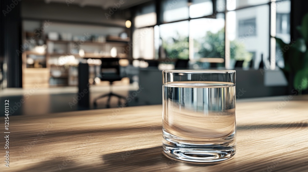 Glass of Water on Wooden Table in Modern Office Setting Glass of Water on Wooden Table in Modern Office Setting
