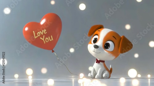Valentine greeting card with Lovely puppy with balloon in heart shape and gift box with text I Love you.