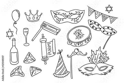 Black and white doodle set of Purim themed elements including masks, grogger, hamantaschen, crown, scroll, wine, tambourine, and festive decorations, symbolizing Jewish holiday. Vector drawings