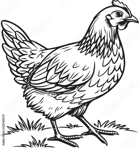 Hen Farm Livestock Drawing Linear Line Art Sketch Hand-drawn Black and White Vector Illustration