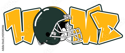 Home - gold and green football player helmet, sport vector graphics, hockey, for street art - graffiti lettering typography - art illustration - multicolor -