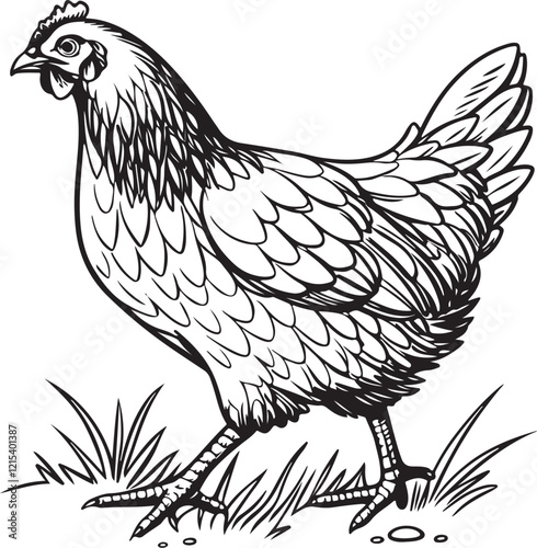 Hen Farm Livestock Drawing Linear Line Art Sketch Hand-drawn Black and White Vector Illustration