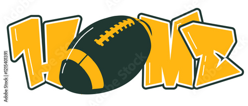 home - gold and green football ball, sport vector graphics, hockey, for street art - graffiti lettering typography - art illustration - multicolor -