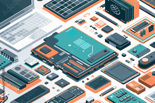 Close-up View of Laptop Components with Circuit Boards and Electronic Parts on Desk