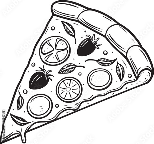 Pizza Slice Italian Cuisine Drawing Linear Line Art Sketch Hand-drawn Black and White Vector Illustration