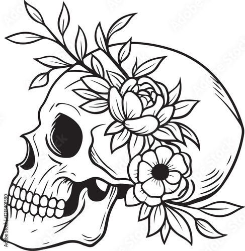 Skull in Flowers, Halloween Tattoo Drawing Linear Line Art Sketch Hand-drawn Black and White Vector Illustration