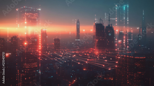 Wallpaper Mural Smart digital Innovation city with connection network reciprocity over the twilight cityscape. of future smart wireless digital city and social media networking systems that connects people with city
 Torontodigital.ca