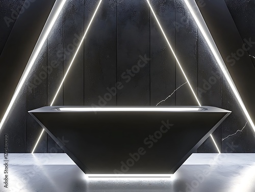 Elegant black podium with sharp geometric design and white neon lighting for a product showcase