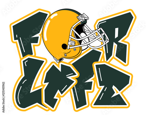 For life - gold and green football player helmet, sport vector graphics, hockey, for street art - graffiti lettering typography - art illustration - multicolor -