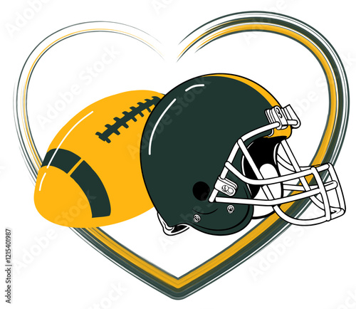 love - gold and green football ball and player helmet, sport vector graphics, hockey, for street art - graffiti lettering typography - art illustration - multicolor -