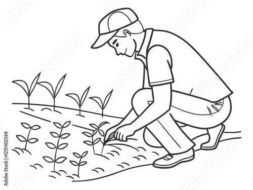 Man Planting in the Garden line Vector Illustration. Nature and Growth Concept