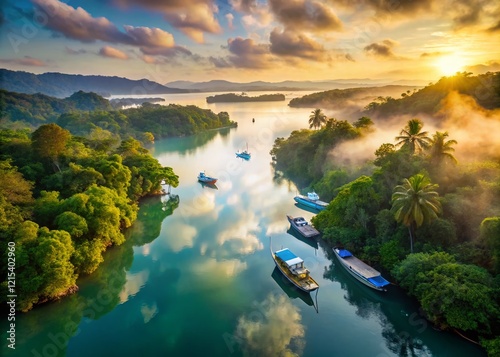 Panoramic Aerial View: Tranquil Dawn Fishing on Rio Dulce, Guatemala photo