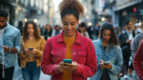 A diverse group of young adults is focused on their smartphones while walking in a busy urban environment filled with stores and people