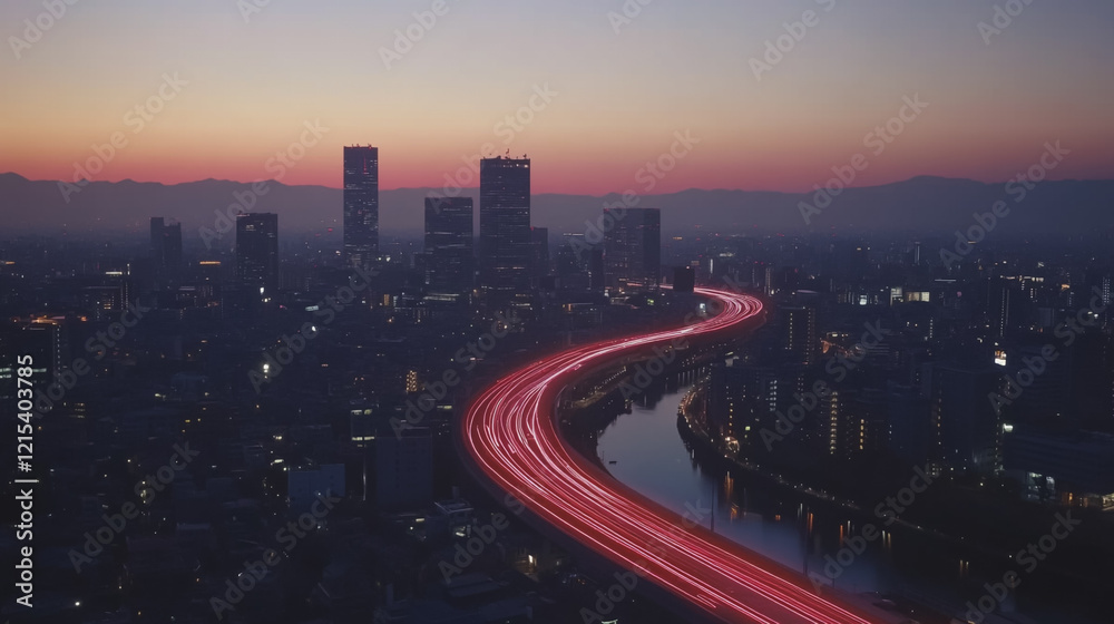 Fototapeta premium Smart digital Innovation city with connection network reciprocity over the twilight cityscape. of future smart wireless digital city and social media networking systems that connects people with city 