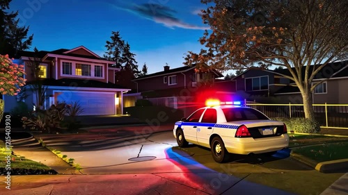 Emergency responders arrived at a quiet neighborhood during the night as flashing lights illuminated the surroundings. A police vehicle stood guard while caution tape blocked off the area.