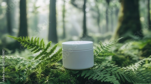 minimalist product photography of frosted glass skincare jar surrounded by fresh ferns misty forest background ecoluxury aesthetic photo