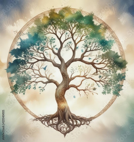 Ethereal watercolor artwork of a tree of life with mystical symbolism and whimsical style, style, artistic photo