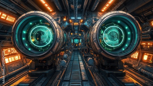 Fototapeta Naklejka Na Ścianę i Meble -  Futuristic spaceship interior corridor with glowing teal screens.