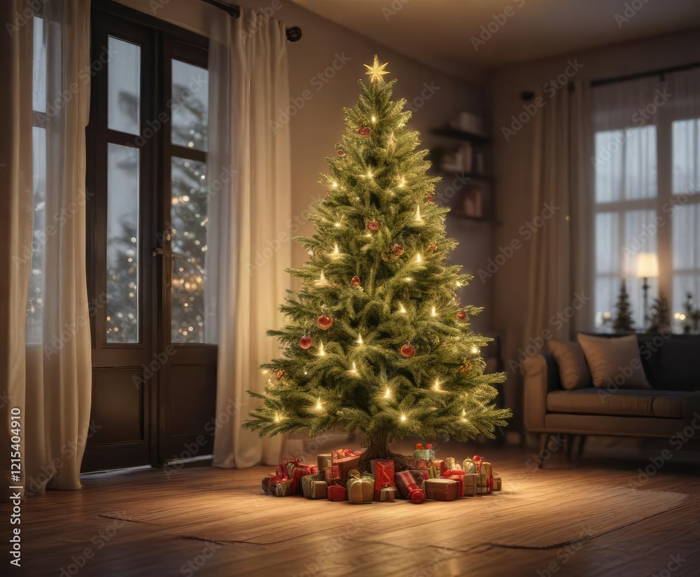 fir Christmas tree illuminated by soft warm lights, softly lit fir tree, warm lighting for fir tree fir Christmas tree illuminated by soft warm lights, softly lit fir tree, warm lighting for fir tree