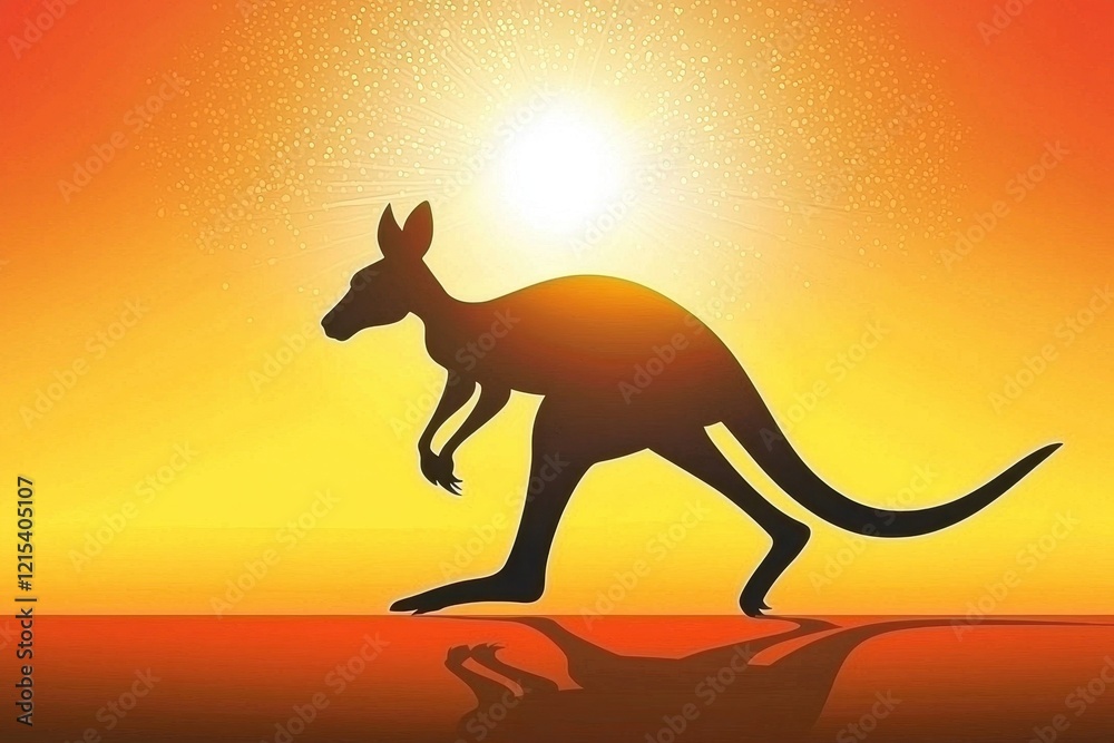 A majestic kangaroo bounding across a sunlit outback plain, its silhouette against a vibrant orange sky at sunset A majestic kangaroo bounding across a sunlit outback plain, its silhouette against a vibrant orange sky at sunset