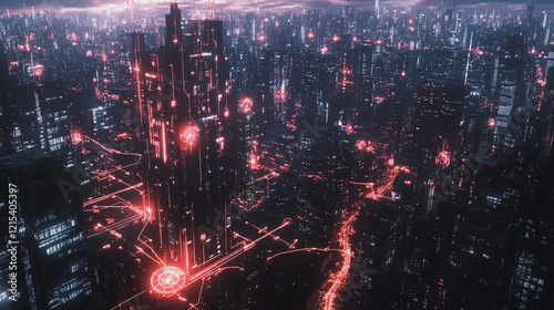 Smart digital Innovation city with connection network reciprocity over the twilight cityscape. of future smart wireless digital city and social media networking systems that connects people with city
