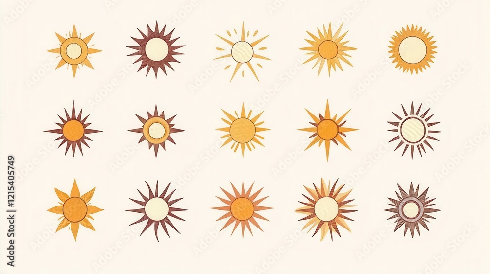 minimalist vector collection of cheerful sun icons in various geometric styles with warm color palette minimalist vector collection of cheerful sun icons in various geometric styles with warm color palette
