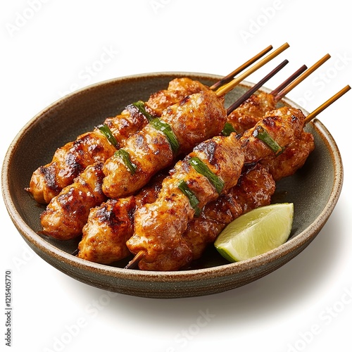 5 chicken satays on a plate, full view of plate from an angle, no background
