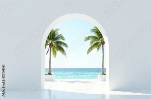 white arch, behind the arch there is a view of the sea and palm trees