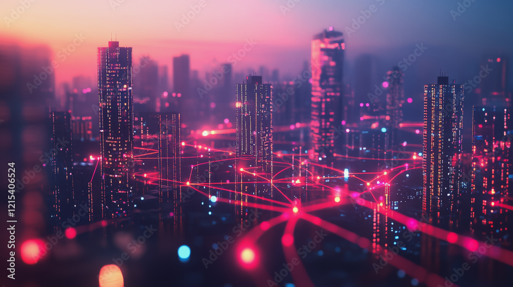 Fototapeta premium Smart digital Innovation city with connection network reciprocity over the twilight cityscape. of future smart wireless digital city and social media networking systems that connects people with city
