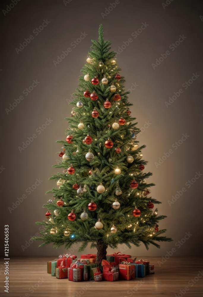 Full and lush pine Christmas tree with ornaments and lights , warm glow, christmas tree Full and lush pine Christmas tree with ornaments and lights , warm glow, christmas tree
