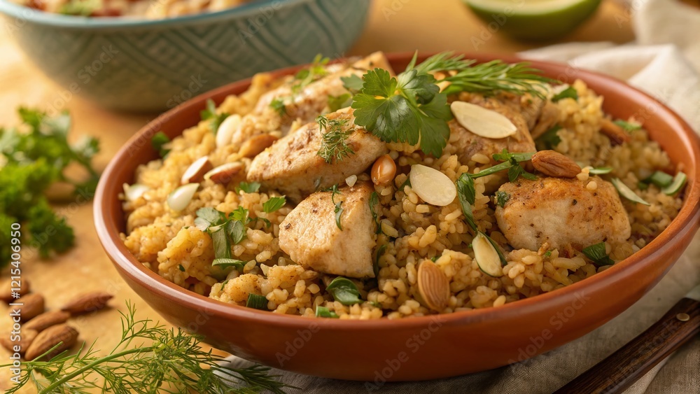 Panoramic Image: Golden Chicken Bulgur Pilaf with Toasted Almonds and Herbs Panoramic Image: Golden Chicken Bulgur Pilaf with Toasted Almonds and Herbs