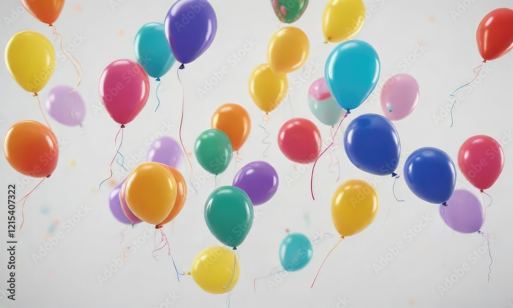 Colorful balloons floating in mid-air against a white background, party decoration, , floaty balloons Colorful balloons floating in mid-air against a white background, party decoration, , floaty balloons