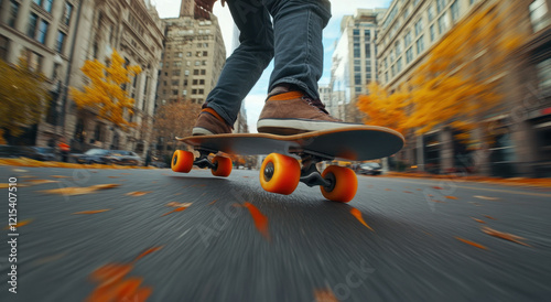 A skateboarder glides along a city street covered with autumn leaves. Yellow trees line the road, showcasing the vibrant colors of fall in an urban setting.